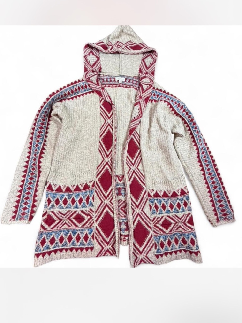 Lucky Brand Southwestern Knit Hooded Cardigan Open Front Boho Cozy Size L cabin - Picture 2 of 8